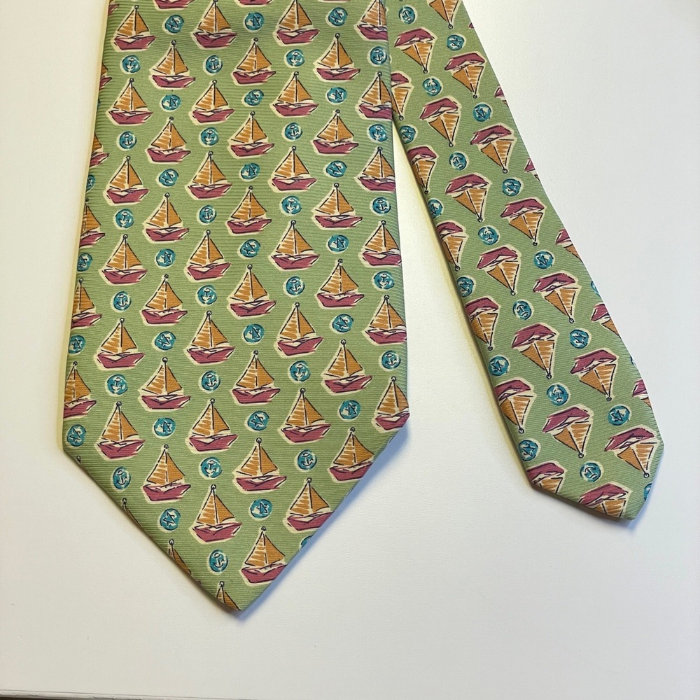 Banana Republic Sail Boat Necktie Mens Green Orange Italian Silk 58" Preppy Work